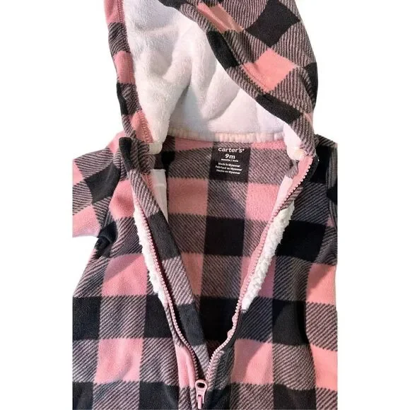 Baby Girl’s Plaid Hooded Fleece One-piece Romper, 9m - Picture 3 of 9